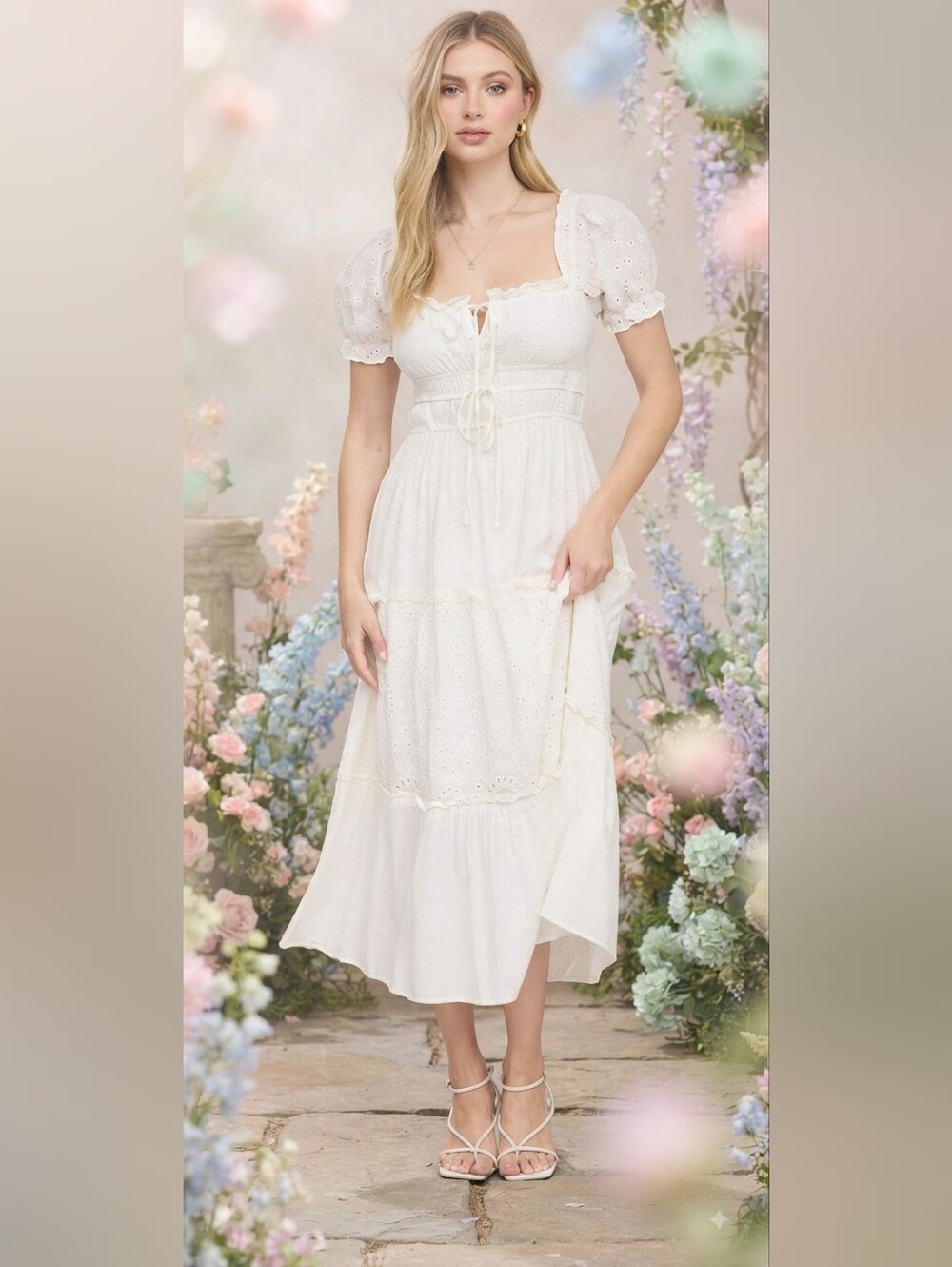 Blu Pepper White Eyelet Puff Sleeve Maxi Dress